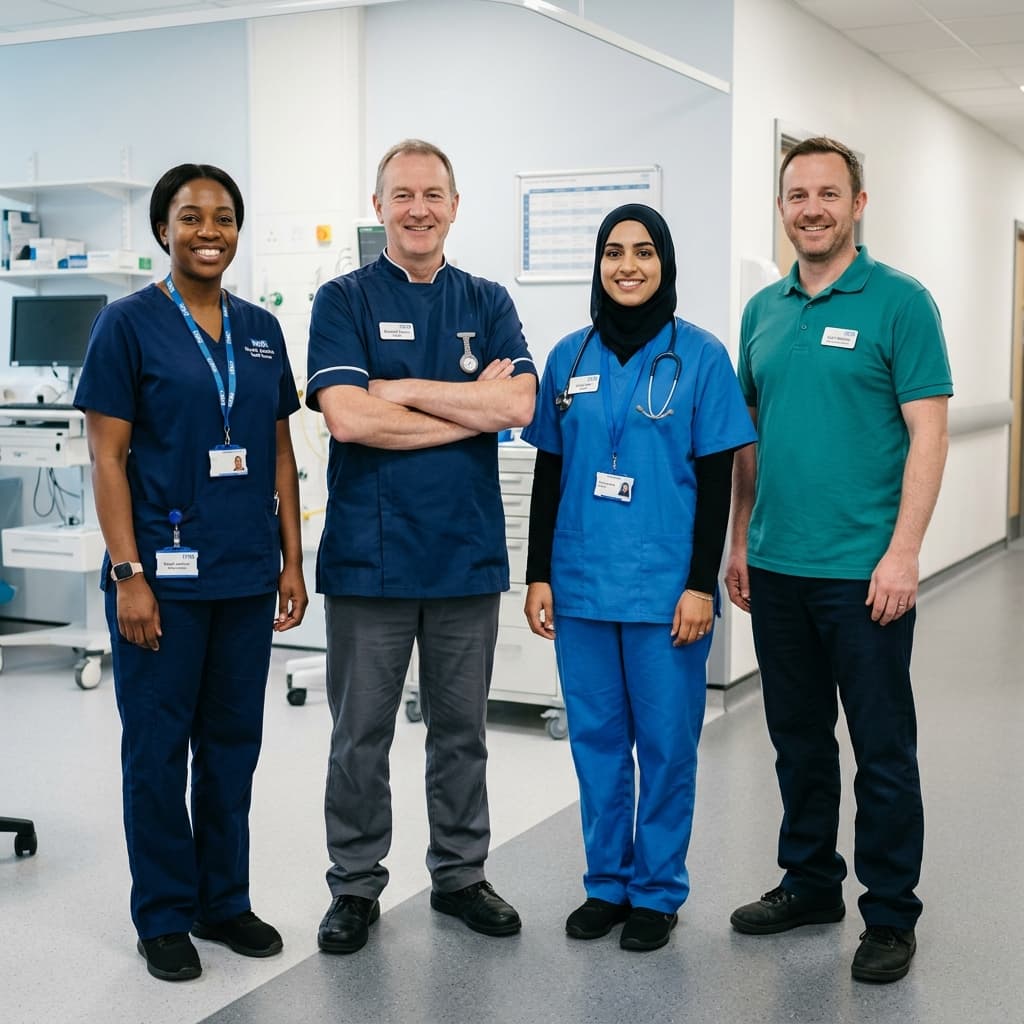 UK healthcare staff wearing modern Unifab medical uniforms in a clinical setting