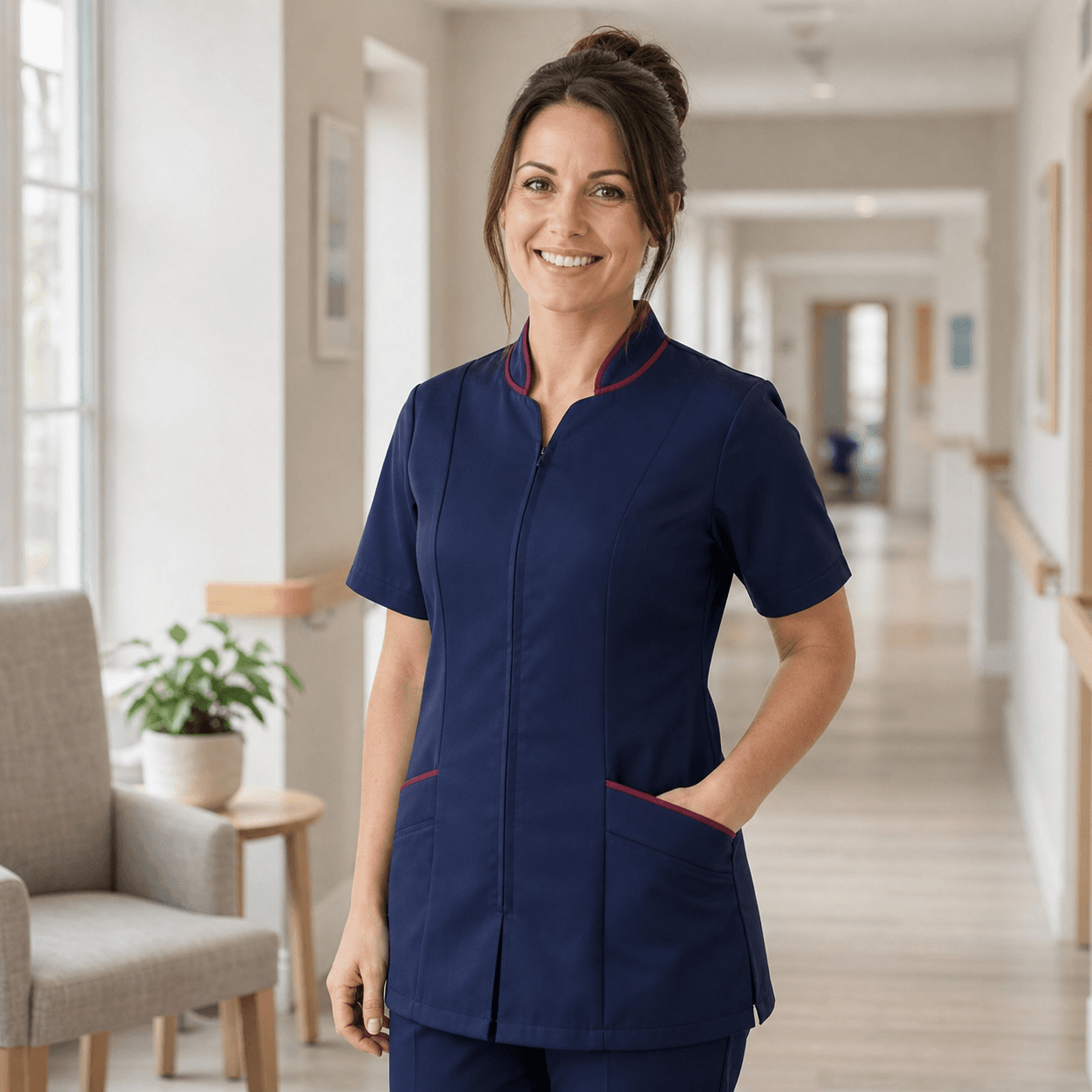 Healthcare professional wearing a navy tunic with burgundy contrast piping